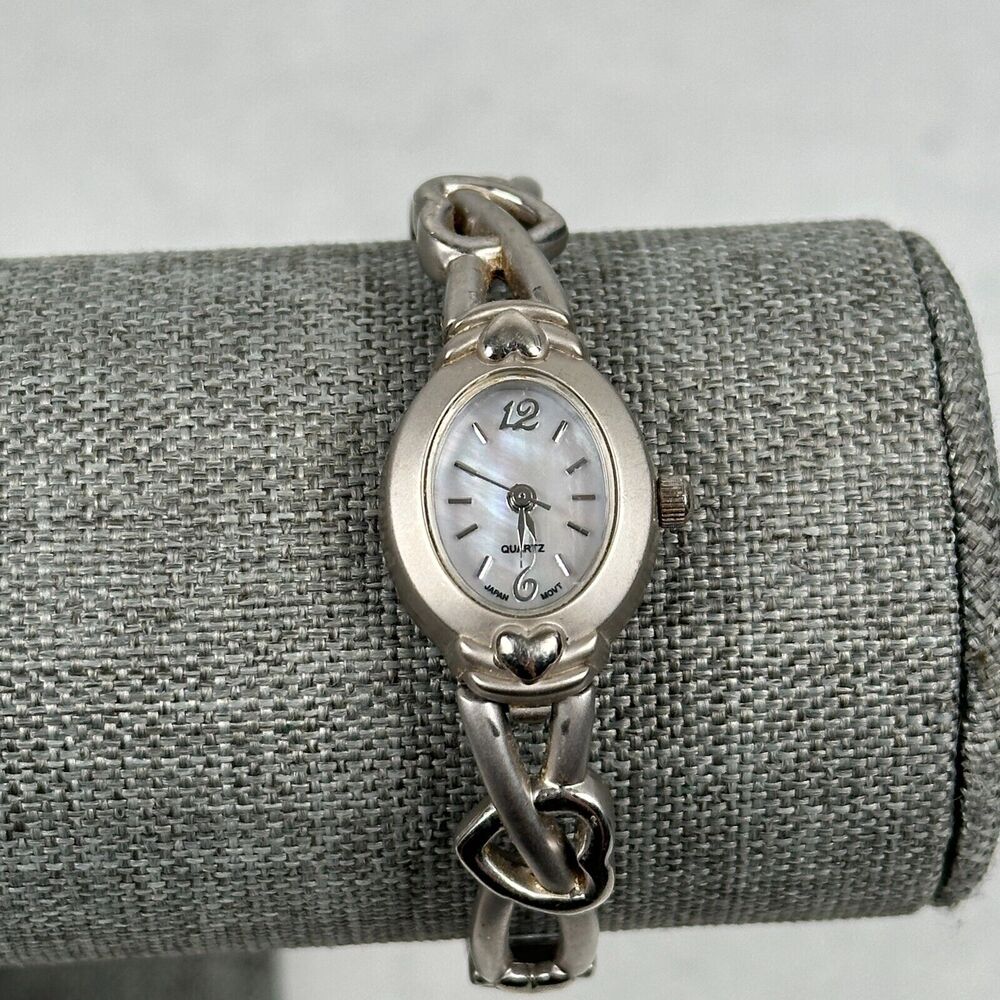Advance Watch Womens 17mm Oval Hearts MOP Dial Silver Tone Stretchy New Battery
